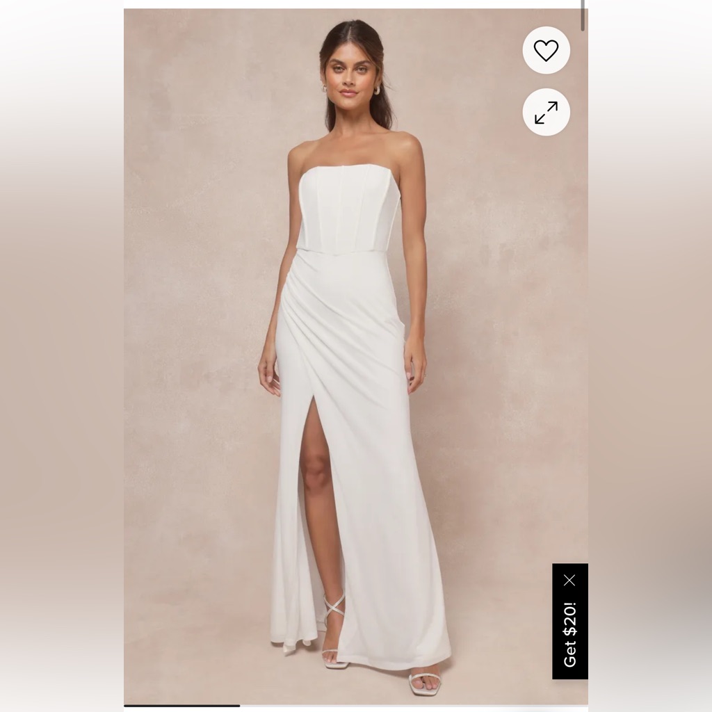 Strapless White Evening Gown With Front Slit